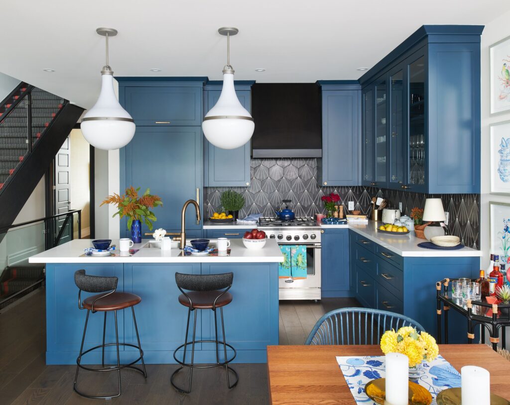 yellow and blue kitchen design